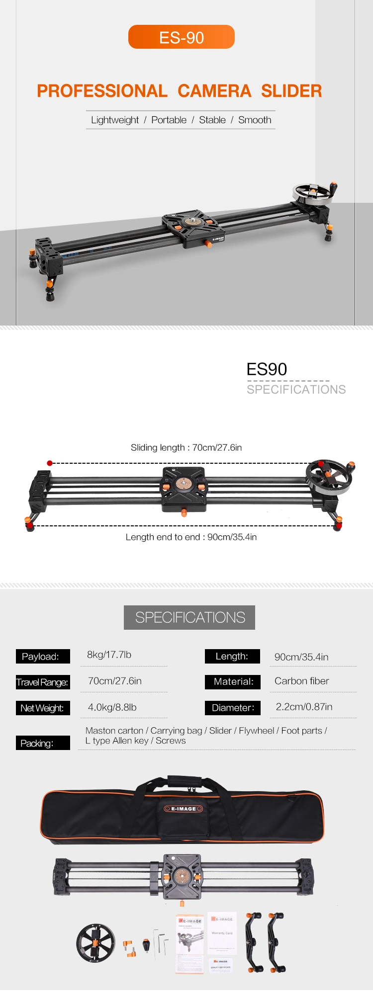 E-Image Es90 90cm/36inch Carbon Fiber Camera Slider with Flywheel